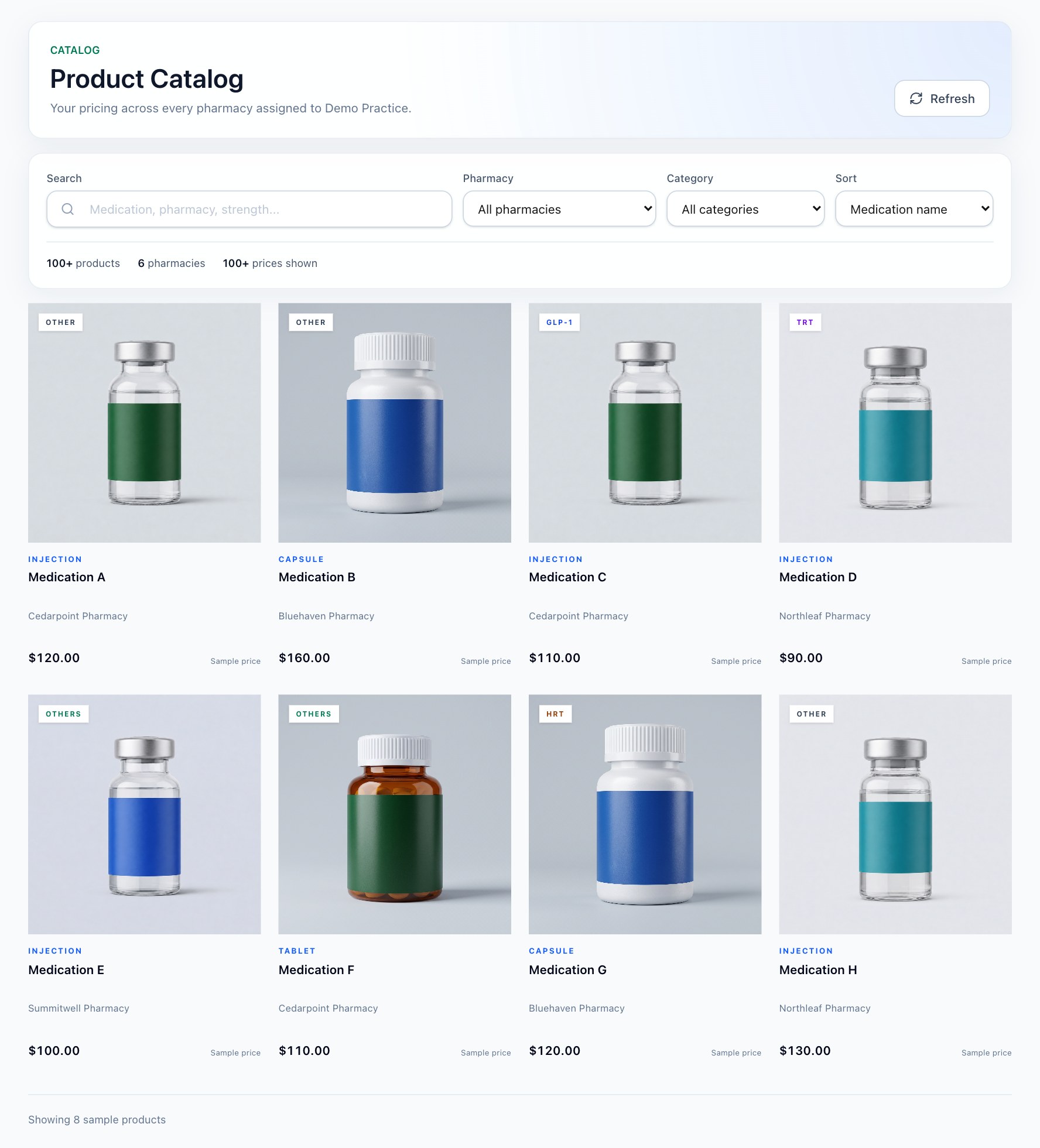Desktop view. PrestigeScripts catalog showing full product cards with injectable vials, pill bottles, neutral medication names, fictional pharmacies, and sample prices. Illustrative totals of 100+ products, 6 pharmacies, and 100+ prices shown.