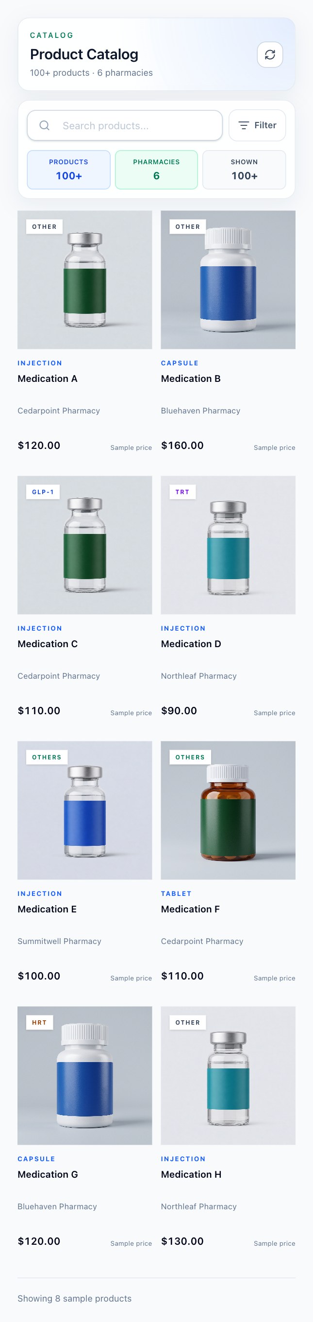 Mobile view. PrestigeScripts catalog showing full product cards with injectable vials, pill bottles, neutral medication names, fictional pharmacies, and sample prices. Illustrative totals of 100+ products, 6 pharmacies, and 100+ prices shown.