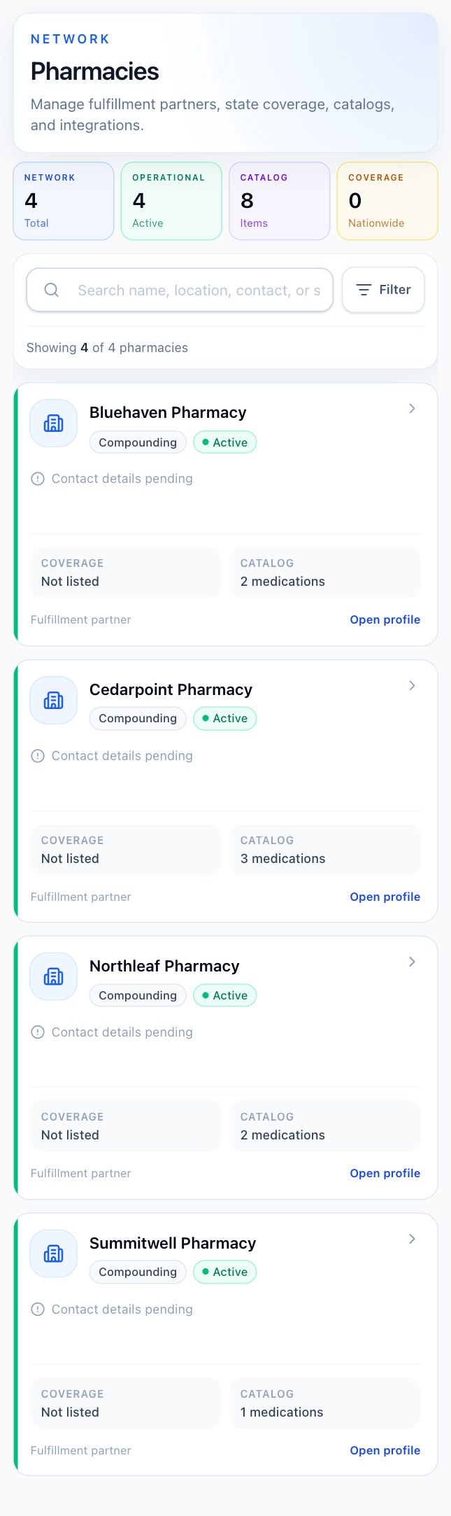 Mobile view. PrestigeScripts directory with four fictional pharmacy listings.