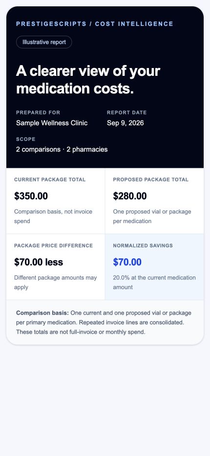 Mobile view. Native report overview: $350 current package total, $280 proposed package total, and $70 illustrative normalized savings at the current medication amount.