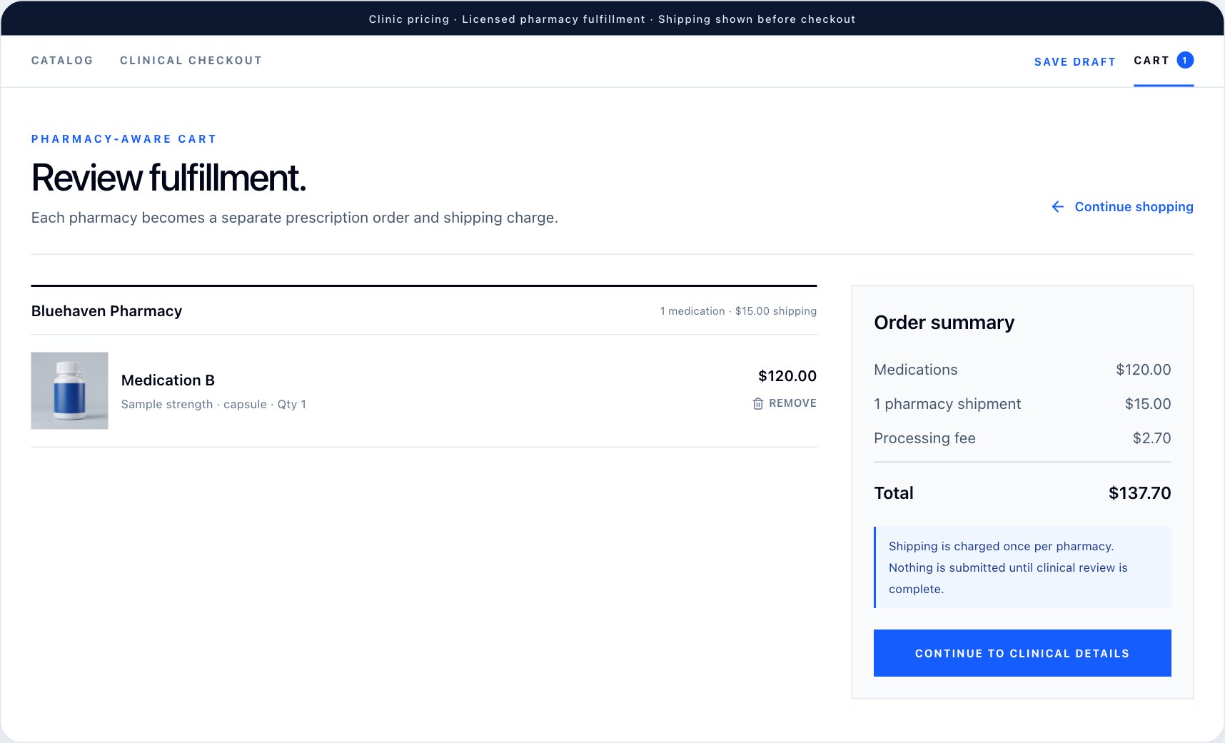Cart: Review medications, fulfillment, and order totals. Fictional demonstration data.