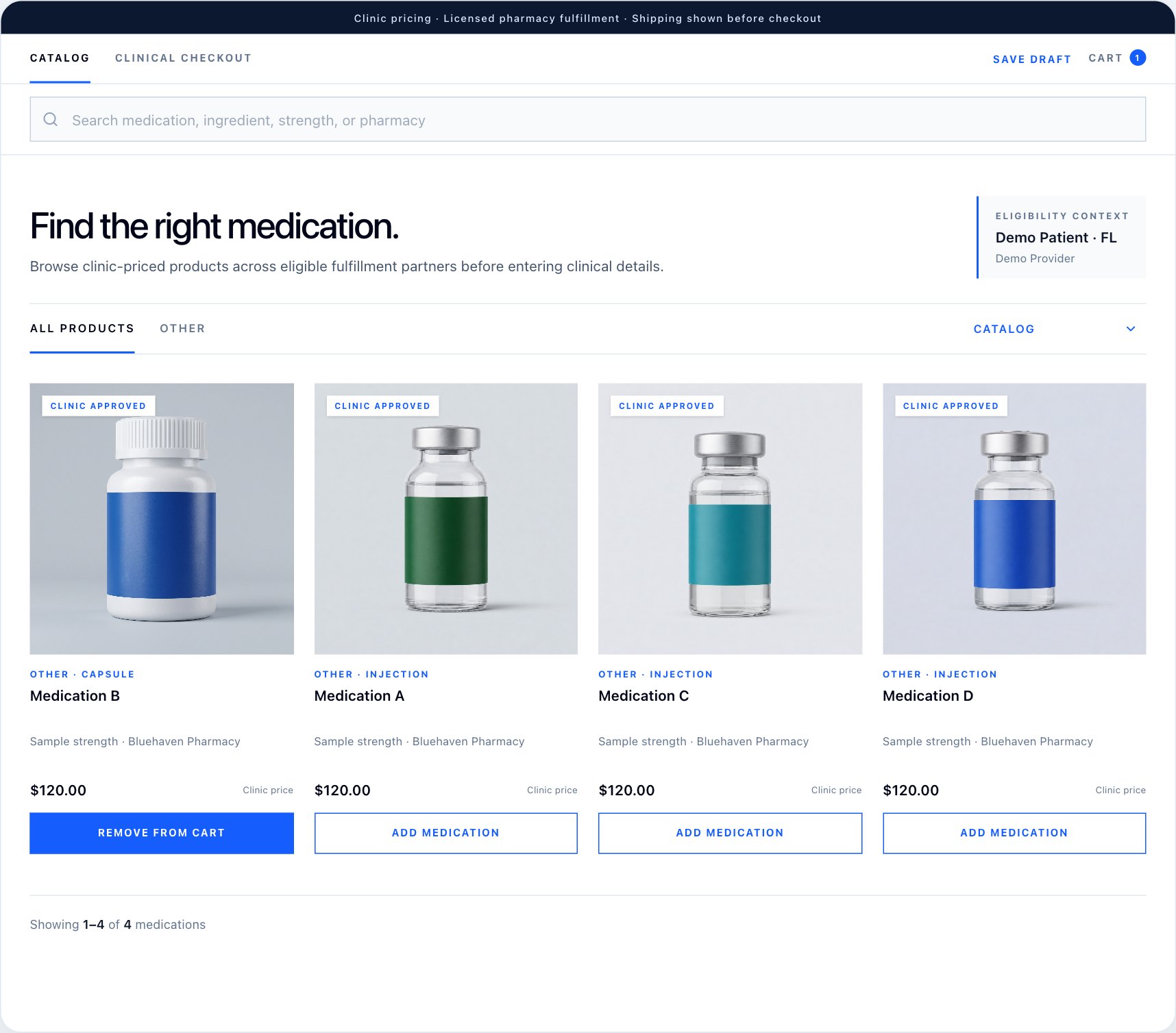 Catalog: Browse pharmacy products and build the order. Fictional demonstration data.