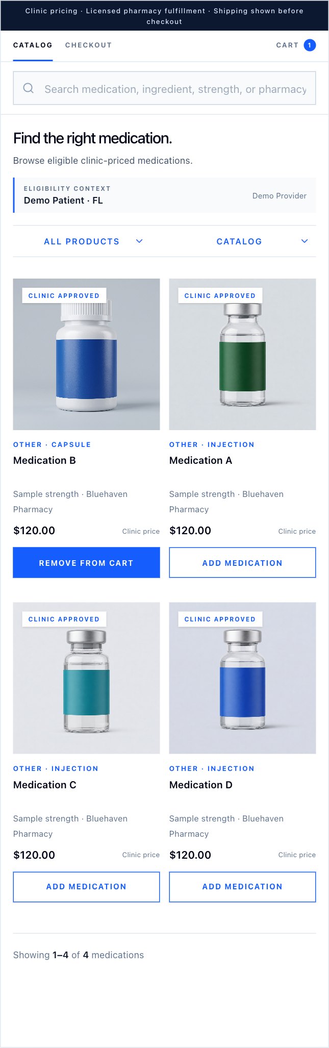 Catalog: Browse pharmacy products and build the order. Fictional demonstration data.