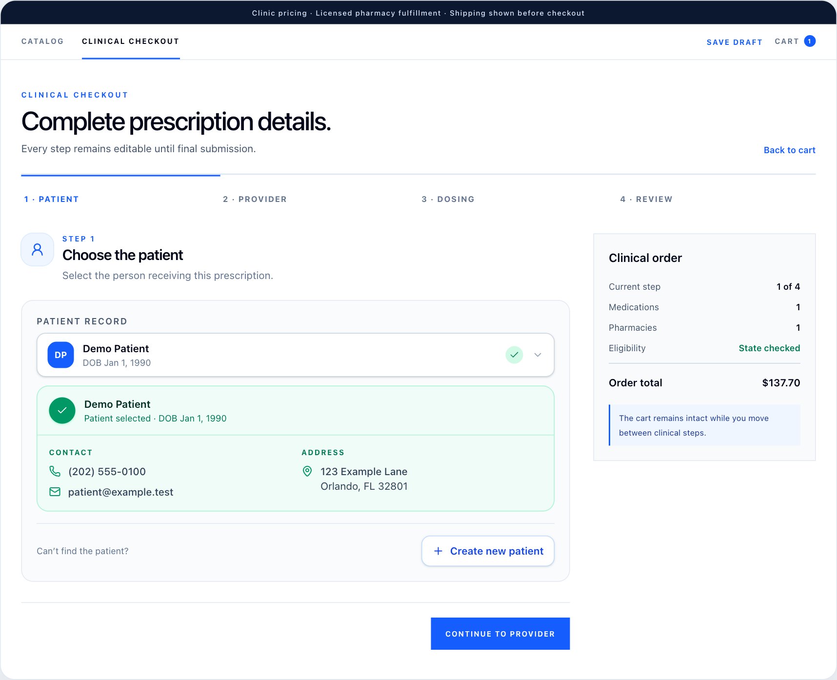 Patient: Choose the patient and verify their details. Fictional demonstration data.