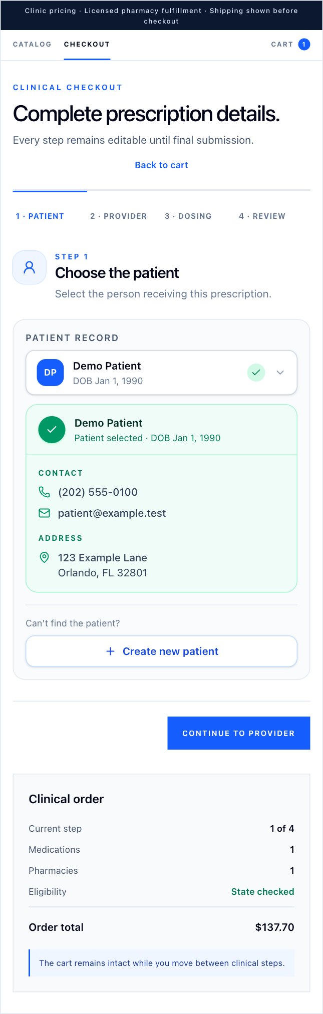 Patient: Choose the patient and verify their details. Fictional demonstration data.