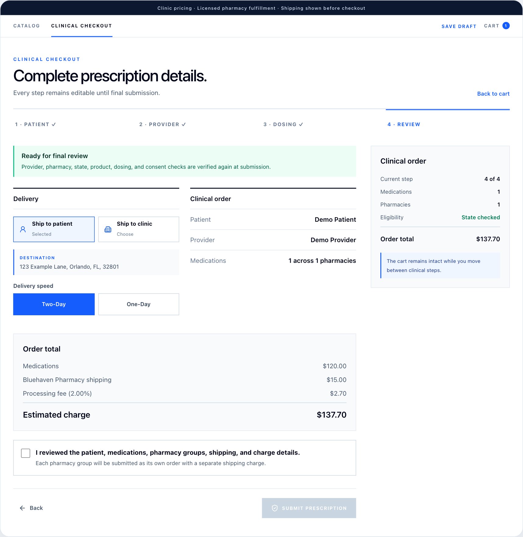 Review: Check the patient, shipping address, and final details before submission. Fictional demonstration data.