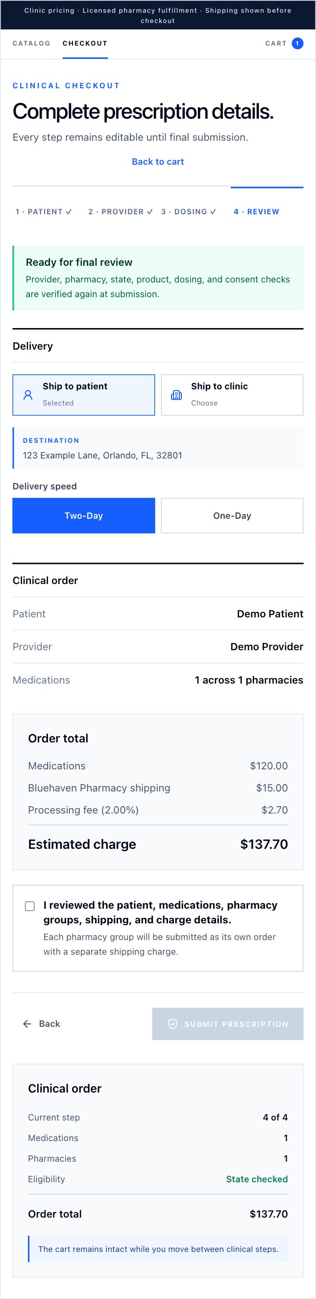 Review: Check the patient, shipping address, and final details before submission. Fictional demonstration data.