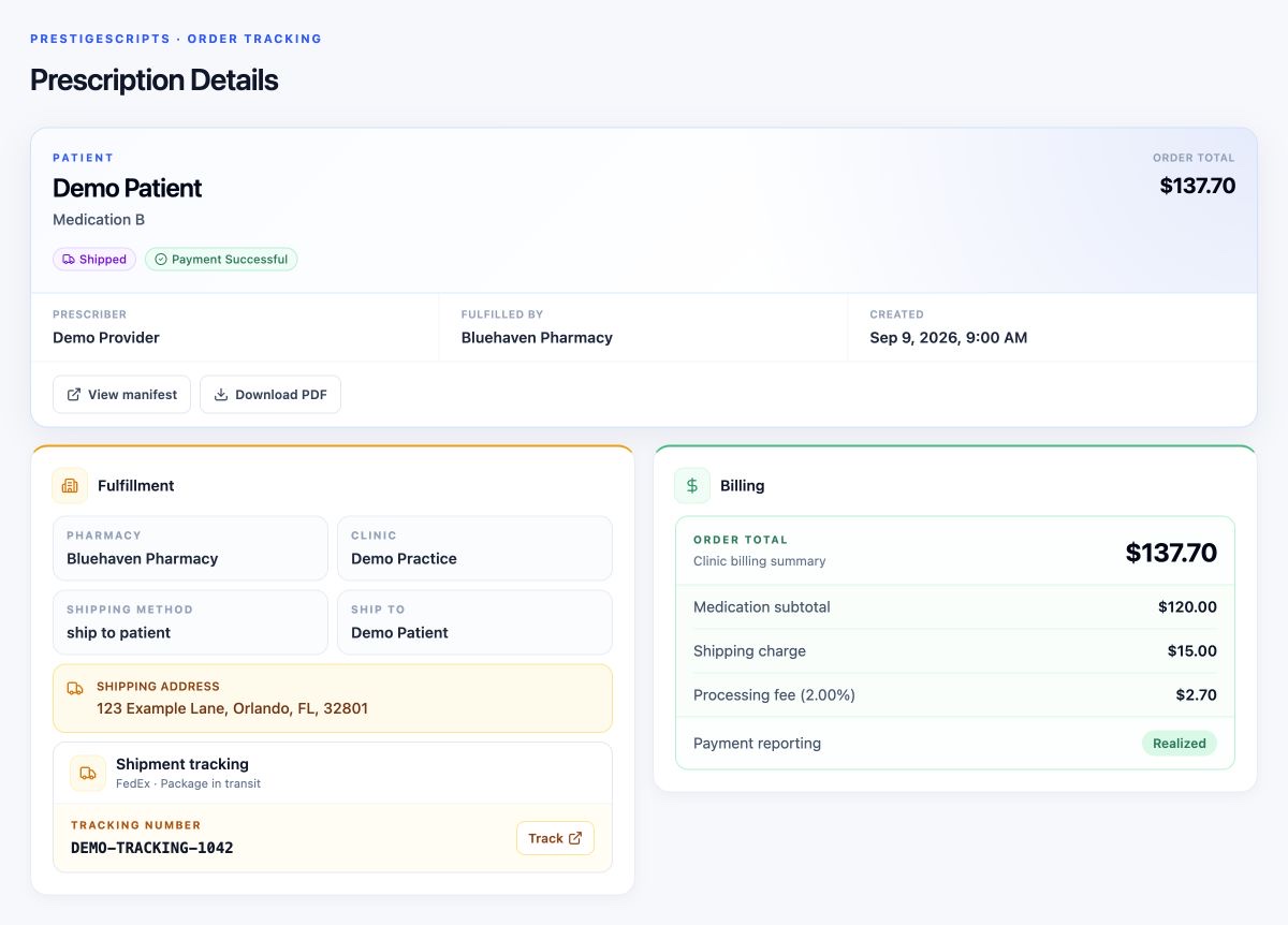 Track order: Follow pharmacy fulfillment, order status, and shipment tracking in Prescription Details. Fictional demonstration data.