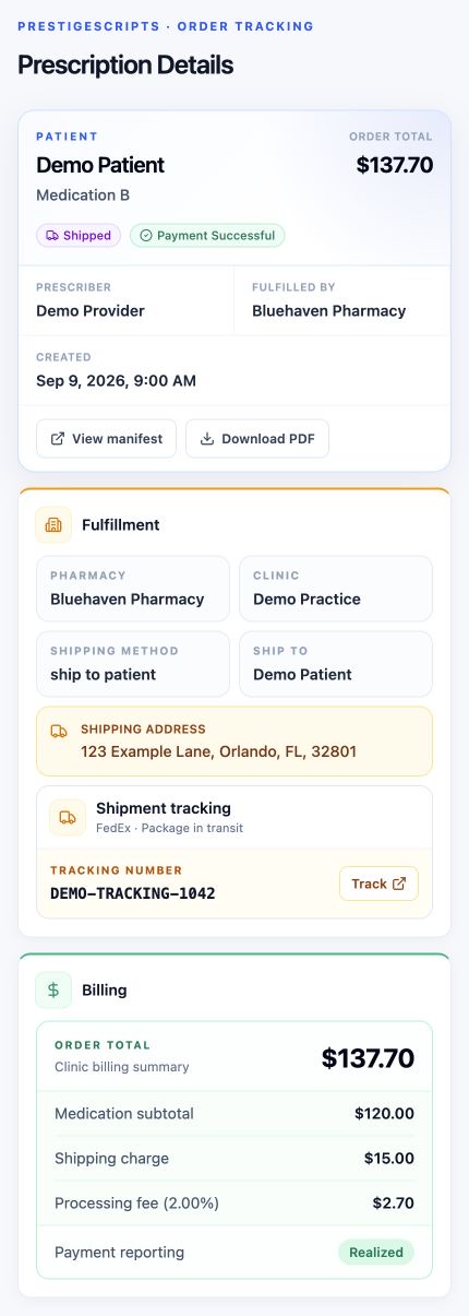 Track order: Follow pharmacy fulfillment, order status, and shipment tracking in Prescription Details. Fictional demonstration data.